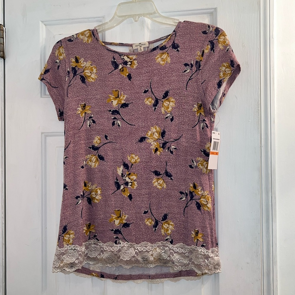 Size small purple gold floral flower top shirt blouse lace trim